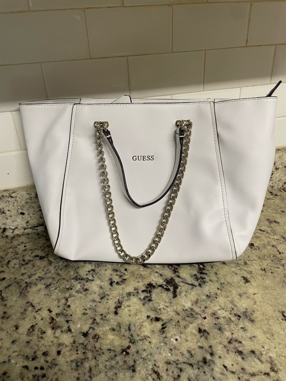 GUESS Nikki chain tote handbag satchel purse high-shine chain details large bag